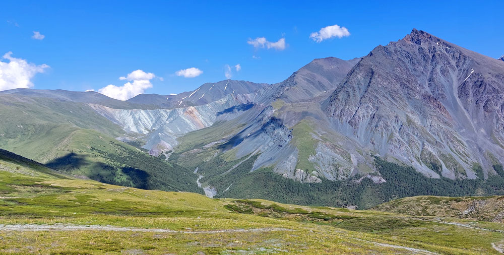 Сверху видны разноцветные горы ущелья Ярлу Алтай панорама ущелье Ярлу